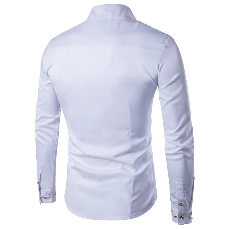 2025 Men's Oblique Button Dress Shirt High Quality Long Sleeve Slim Embroidery Shirts Men Stand Collar Business Wedding Camisas