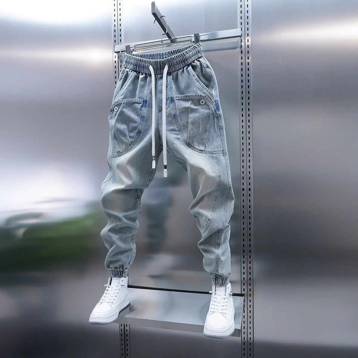 Waed Denim Jeans Men's Spring Autumn Large ket Harlan Casual Pants Blue Trendy Trousers Straight Leg Loose Fit Jeans