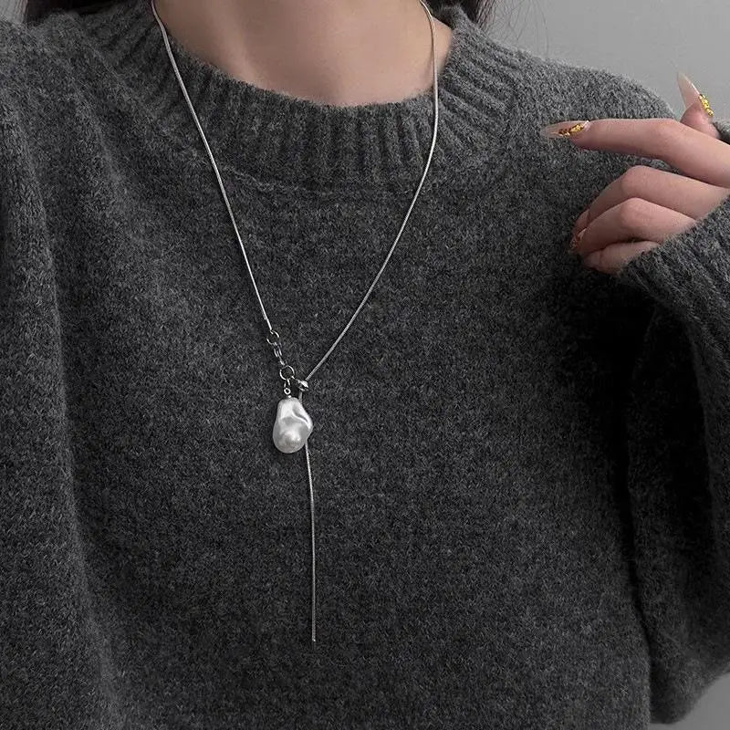 For Women Adjustable Chain Sweater Accessories Fashion Jewelry Stainless Steel Pearls Long With Baroque Pearls Necklace