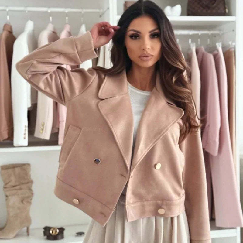 Women's Winter Cropped Jacket  Chic Lapel Coat Fashion 2025 Autumn Vintage Solid Color Outwear Elegant Casual Clothing