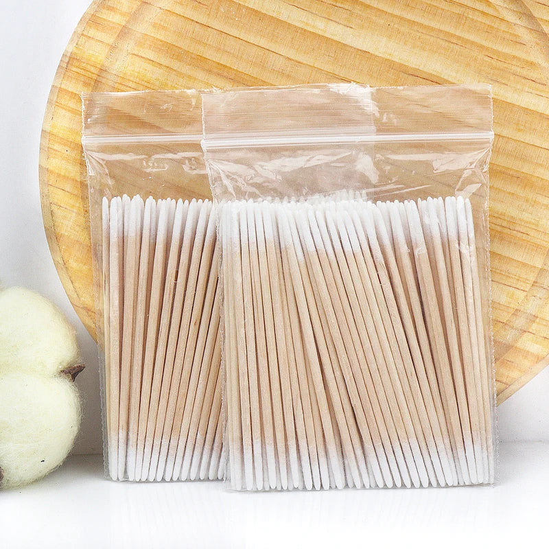 Disposable Ultra-small Double-end Wood Cotton  Swab 100pcs Lint Free Micro Brushes Eyelash Extension Glue Removing Tools