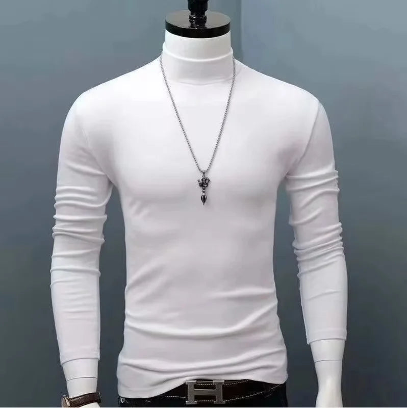 Men's high-neck T-shirt for autumn and winter 2025, slim-fitting, fashionable, high-elasticity, long-sleeved, cotton, casual, br