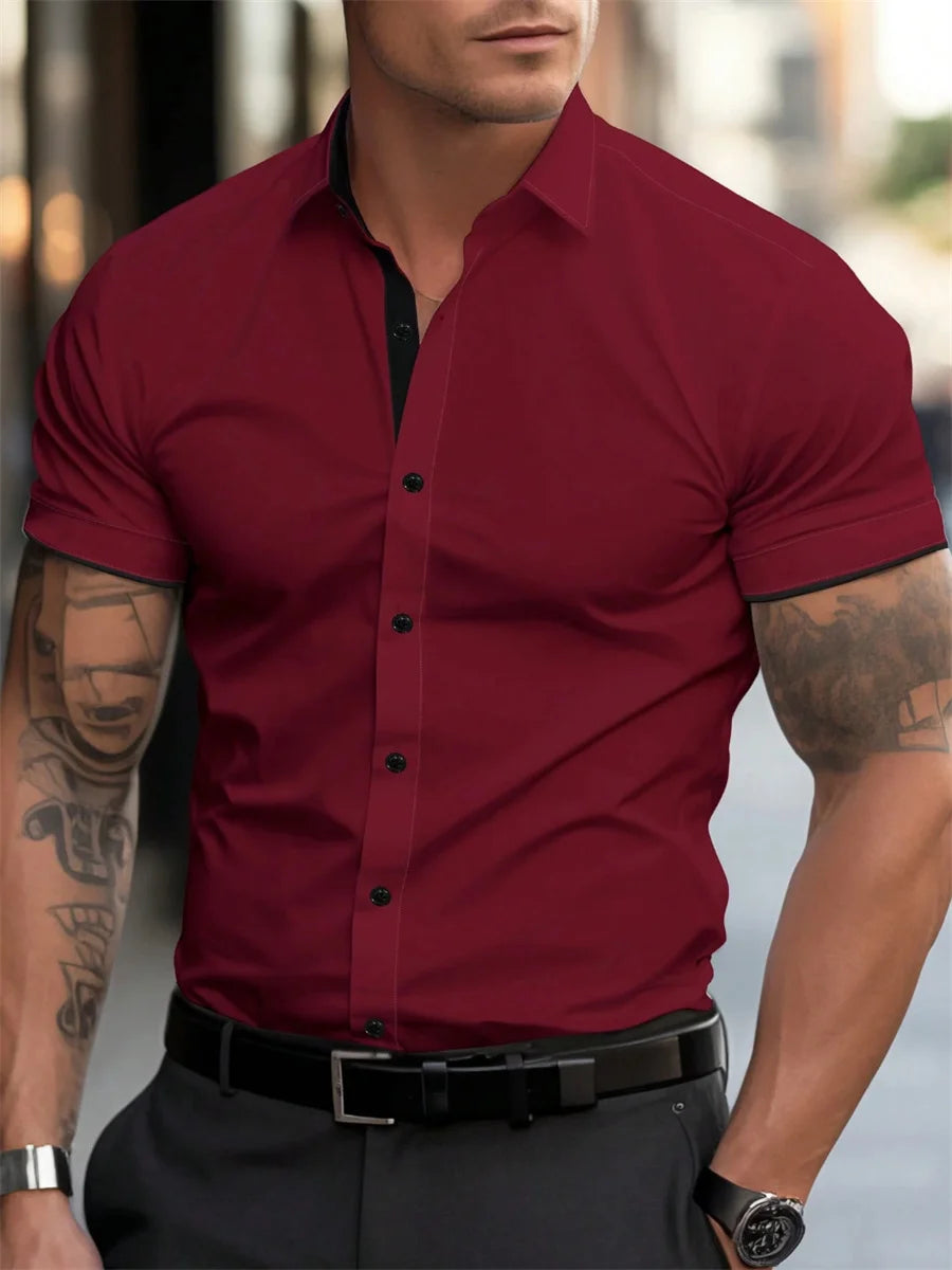 Men's short-sleeved shirts for casual daily wear. Large men's summer slim, light, elastic and iron-free business shirts