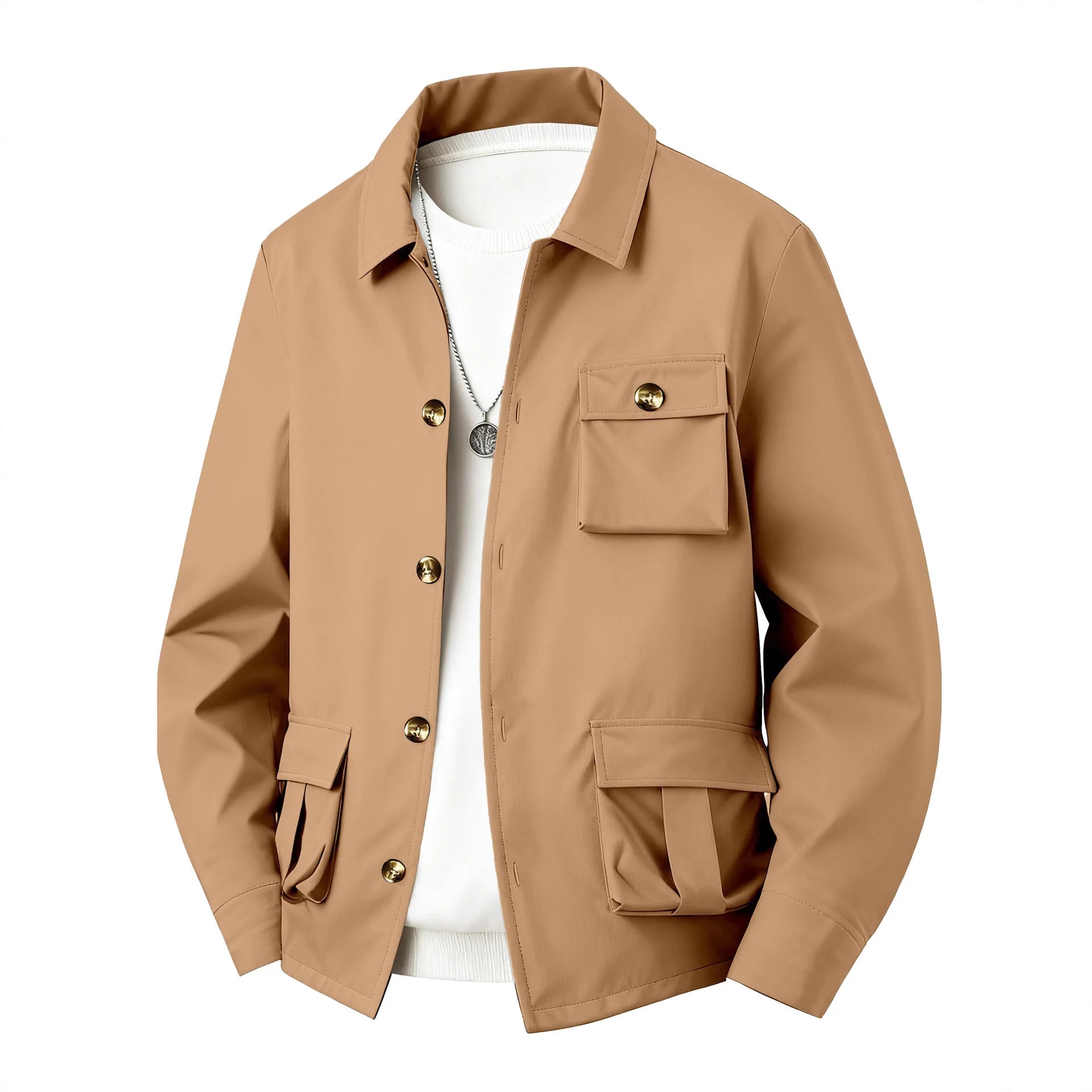 New men's coat - stylish and casual, with pocket buttons, collarless, simple solid color, winter jacket