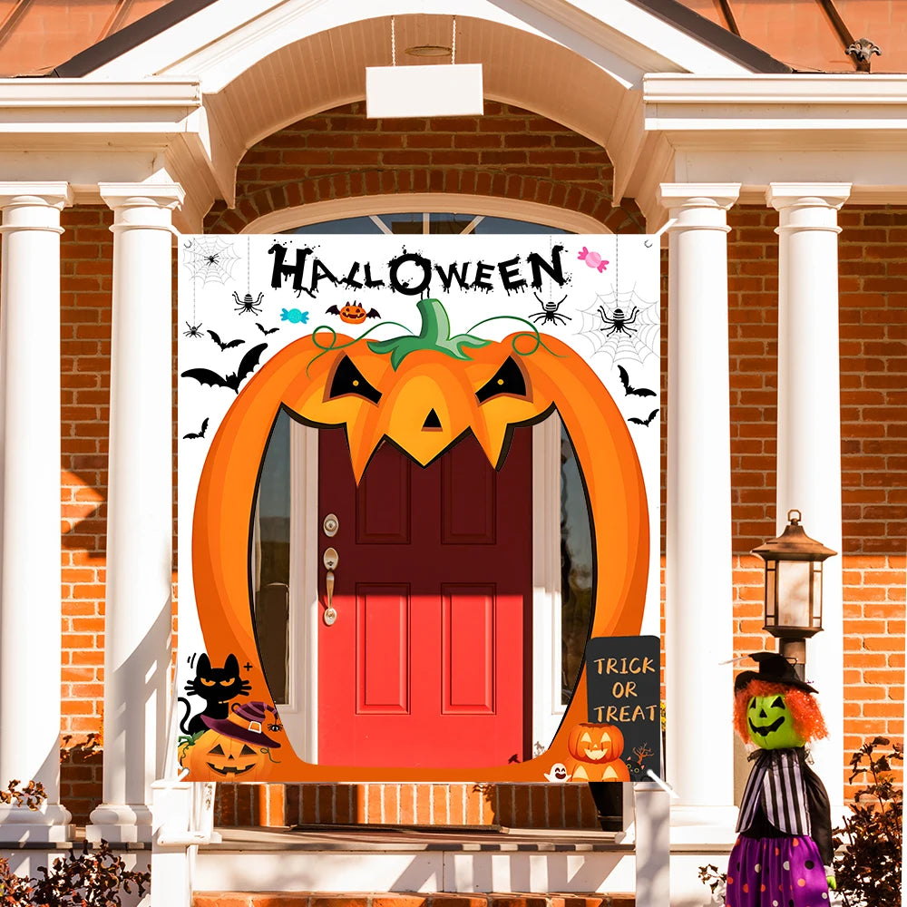 Halloween Pumpkin Party Decorations Scary Pumpkin Door Banner Creepy Photo Booth Props Large Horror Photography Backdrop