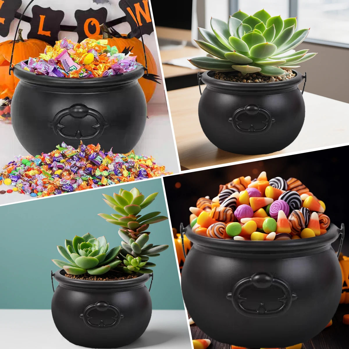 Halloween decorations - Witch's cauldron, Skull skeleton, Indoor family gathering decoration set, Candy bucket, Plant container