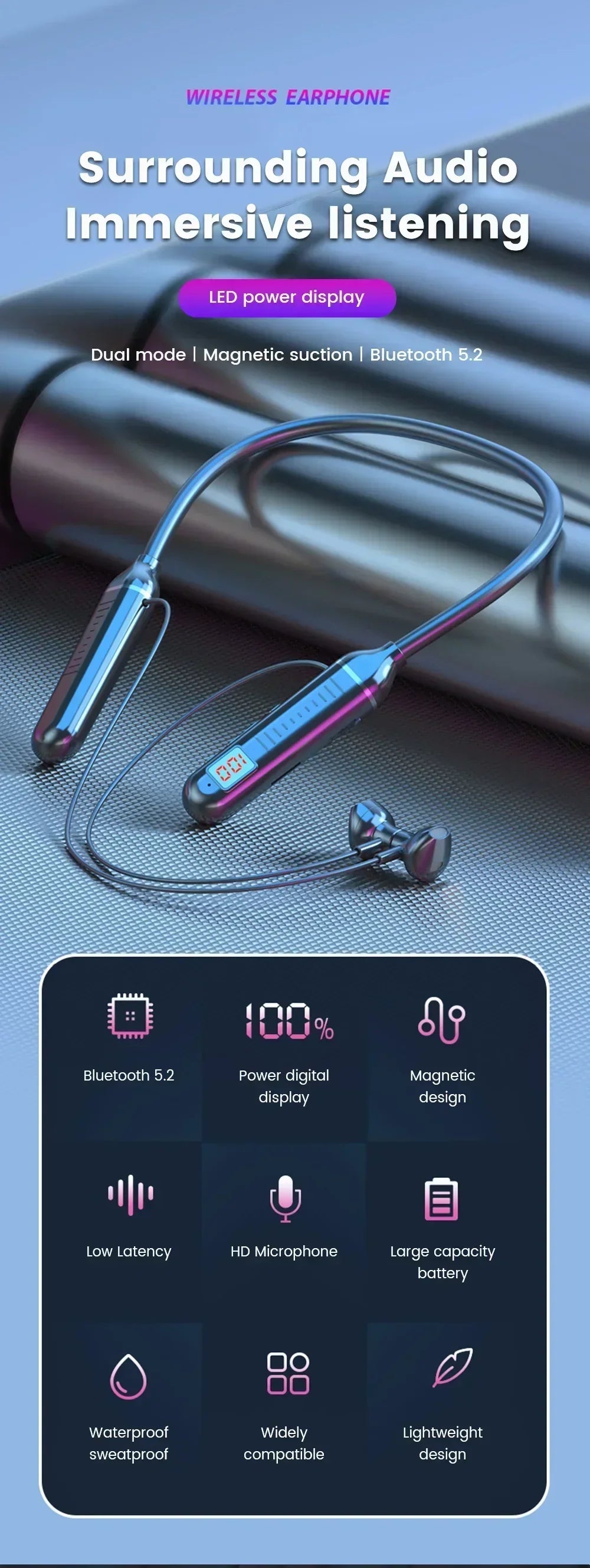Wireless Bluetooth Earphones Neckband Headphones Gaming Stereo Sports Headset Halter Waterproof Magnetic Earbud with LED Display