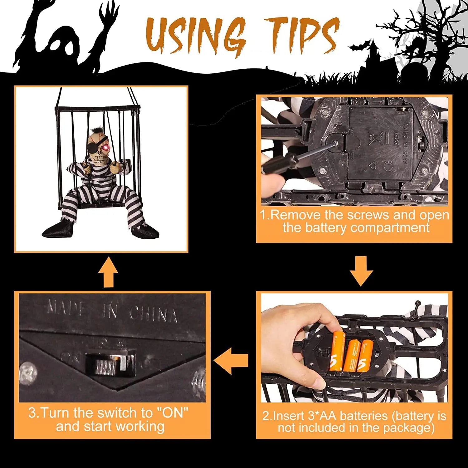 Halloween Decoration Prisoner Ghost In Cage Scary Skull Prop Electric Skeleton Toy Glowing Eye Sound Doll Hangable Talking Ghost