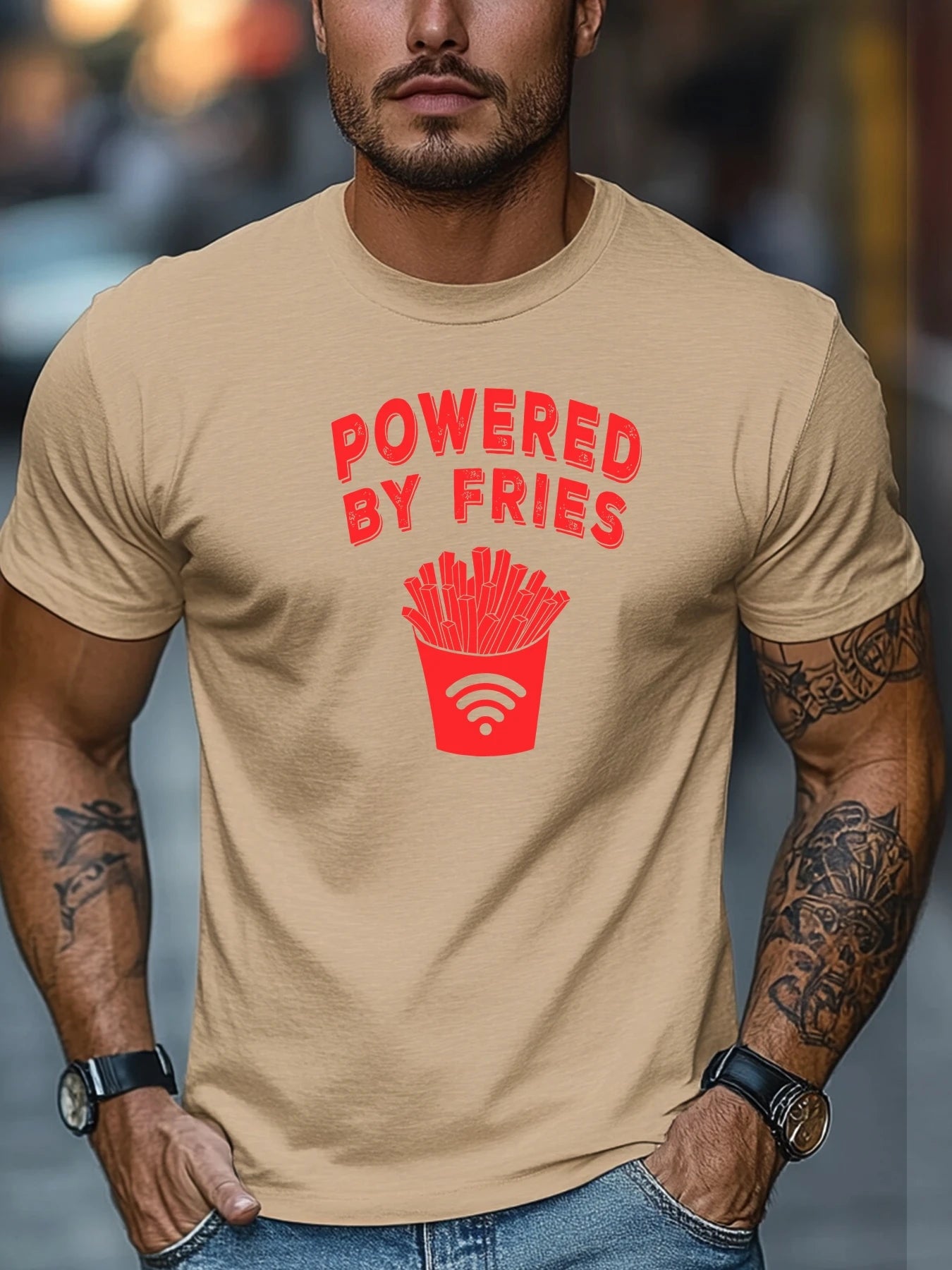 Men's t shirts POWERED BY FRIES Graphic Summer Soft Comfort Fit Tee Daily Wear Tops