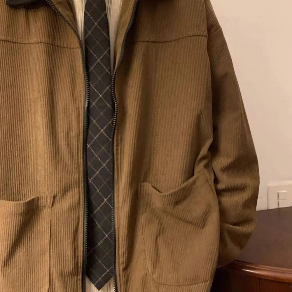 Men Jacket Stylish Men's Corduroy Patchwork Jacket with Full Zipper Placket Lapel Coat Outwear for Fall Winter Corduroy Outwear