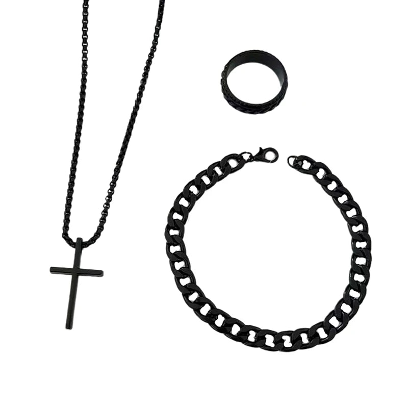 Men's Set Simple Personality Hip Hop Party Jewelry Accessories 3Pcs Punk Cross Pendant Necklace Bracelet Chain Ring