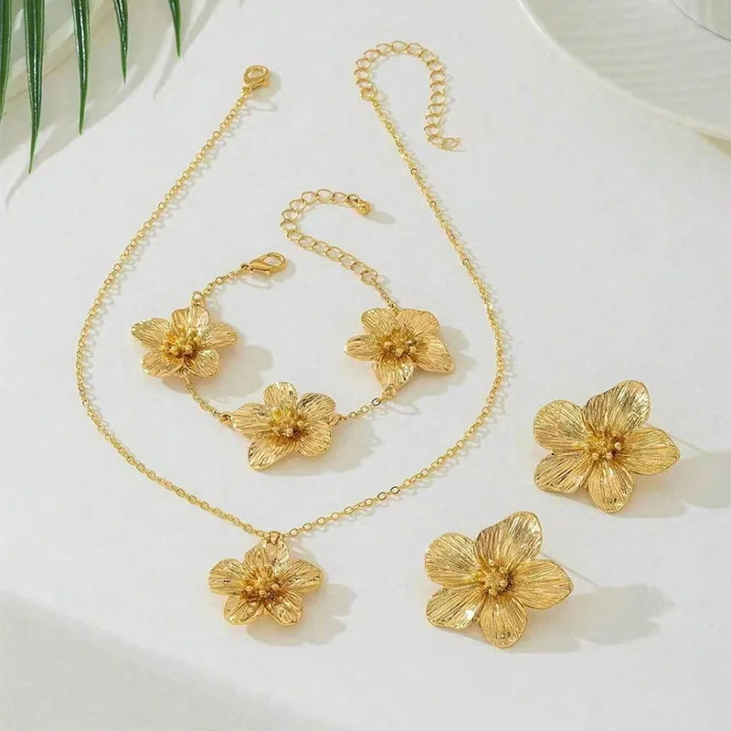 Fashionable And Elegant Jewelry Set, Flower Pendant Necklace, Bracelet, Earrings, Simple Five-Petal Flower Choker Necklace