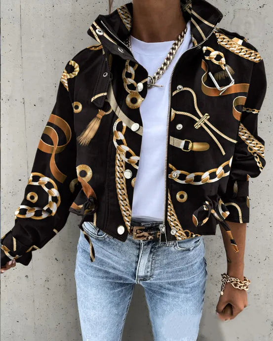 Jackets Women Coats Stand Collar Coat Zipper Print Y2k Tops Streetwear Casual Outerwear Single Breasted Spring Work Jacket