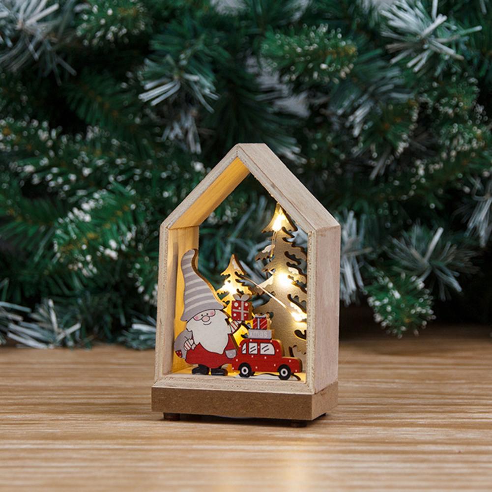 Christmas Ornaments Xmas LED Wooden House Glowing Santa Claus Wooden House Ornament For Party Home Desktop Decor