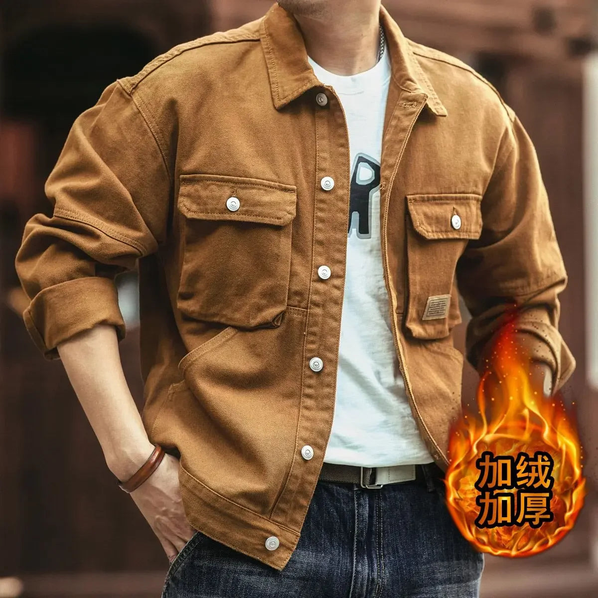 High end work jacket, men's spring and autumn trendy brand, loose American retro lapel jacket, casual and handsome denim jacket