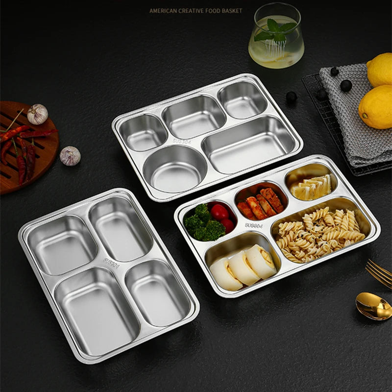Kitchen Stainless Steel Divided Dinner Storage Tray Thickened Compartment Plates for Food Serving Organization Lunch Container