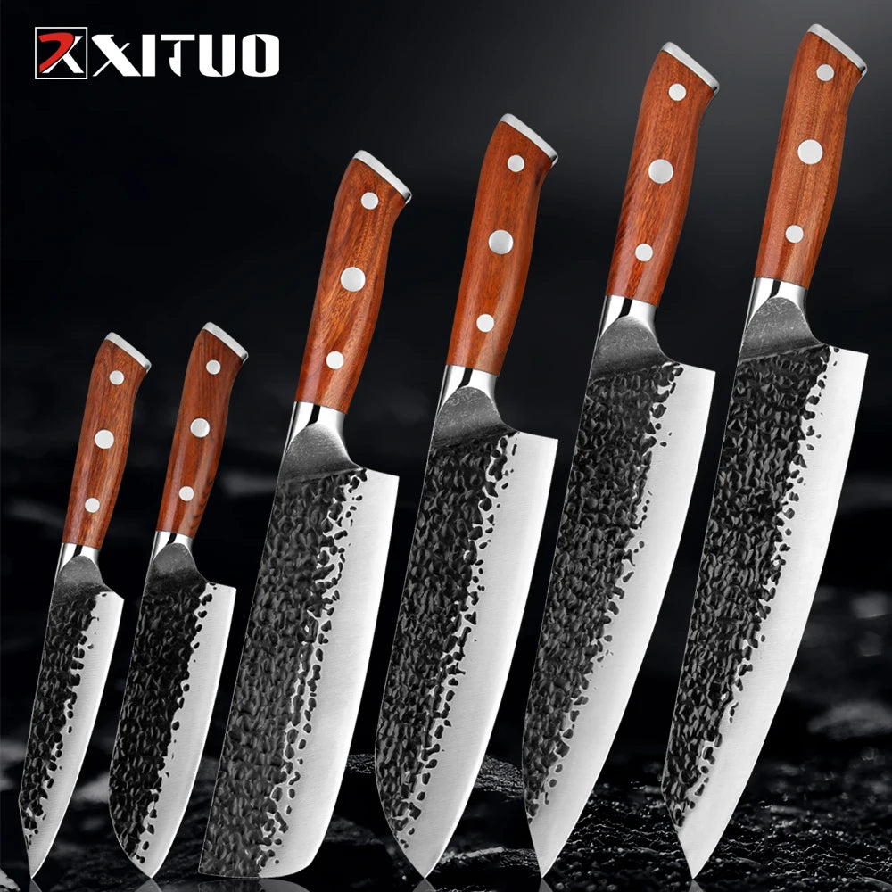 Kitchen Knife Set 1-6PCS Hand-forged high-carbon Steel Sharp Premium Japanese Knife Including Chef,Cleaver,Utility&Santoku Knife