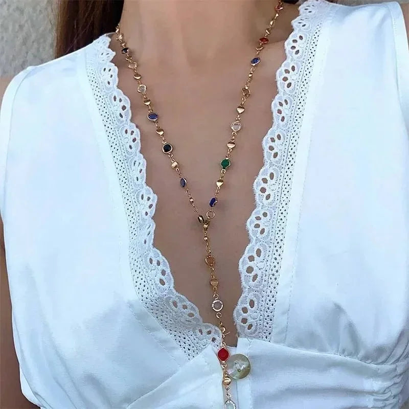 New Luxury Colourful Crystal Zircon Necklace for Women Shiny Rhinestone Long Tassel Choker Bohemian Statement Jewelry Gifts 2024