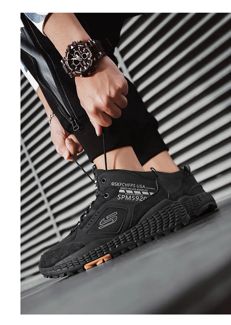 Men's Shoes 2025 New Outdoor Leisure Sports Mesh Shoes Driving To Work Thick Soled Wear-resistant Black Mid Top Trendy Sneakers
