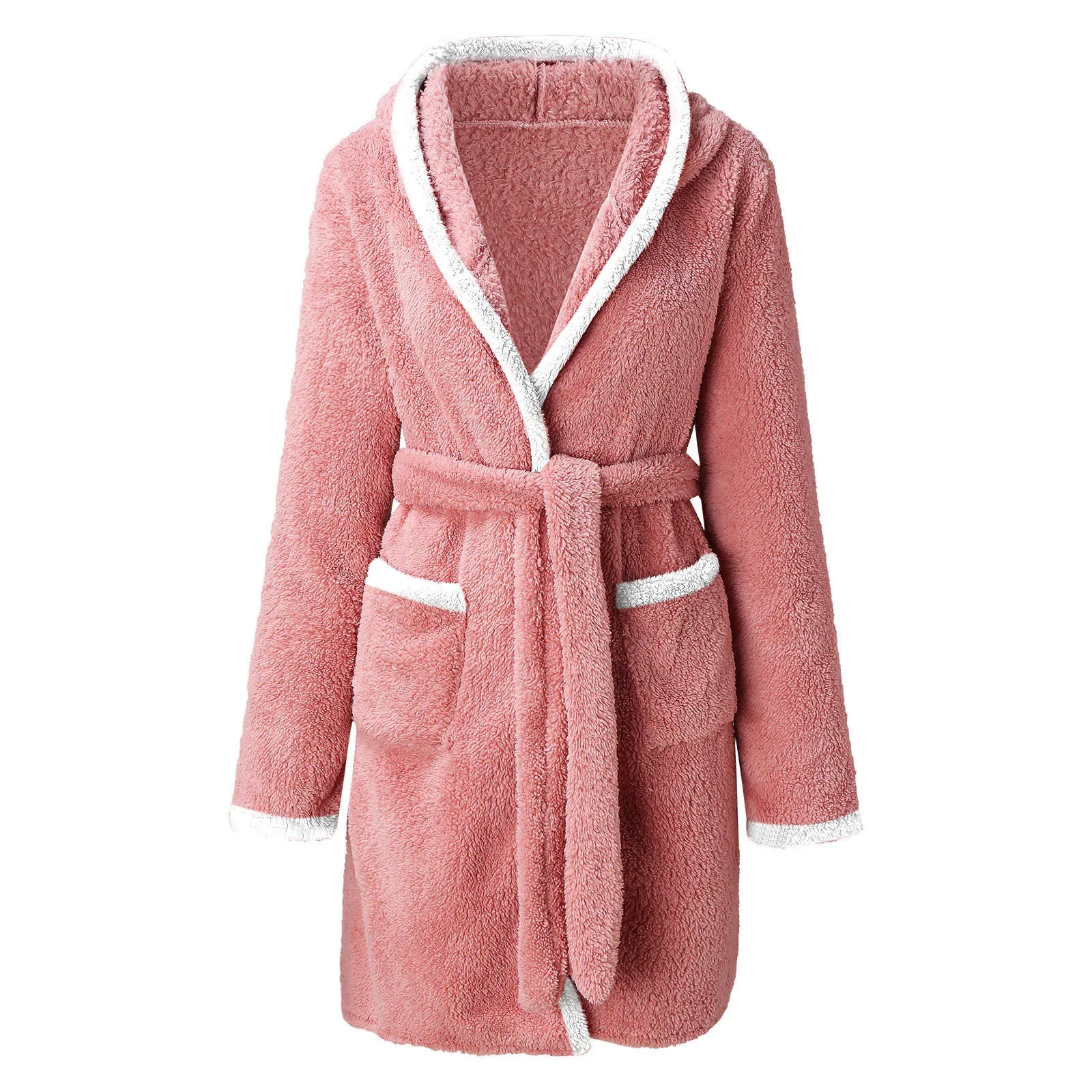 Women's Winter Casual Plush Robe Solid Color Matching Double Pocket Strappy Nightgown Fuzzy Bathrobe Coats Home Clothed Ladies