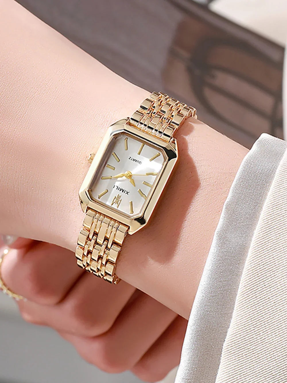 Women Watches Business Luxury Ladies Fashion Quartz Watch Simple Scale Square Quality Gold Plated Stainless Steel Folding Clock
