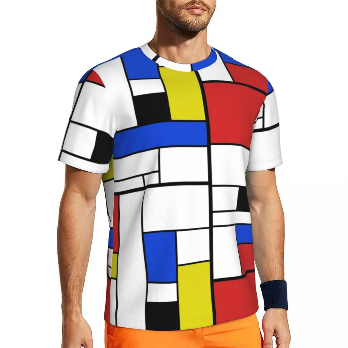 Gym T Shirt For Men Mondrian Line T-Shirts Trendy Cool Colorful Plaid Summer Tees O Neck Y2K Retro Graphic Clothing Gift Idea