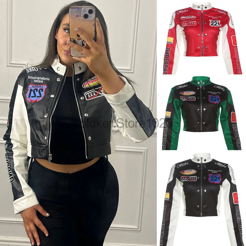 Women Fashion Hipster Pu Leather Jacket Y2K Letter Printed Hipster Motorcycle Jackets Spring Autumn Single-Breasted Casual Coat