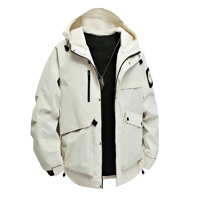 Men's workwear down jacket, American color-blocked hooded jacket for autumn and winter, cool and casual coat for teenagers