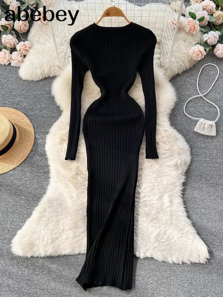 Women Knitted Dress O Neck Sexy Slim Elastic Oversized Basic Bodycon Long Dress Winter knit Warm Sweater Dresses