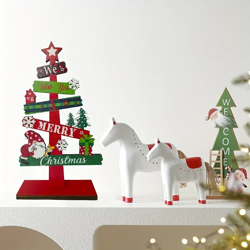 A small wooden Christmas tree with holiday decorations, Santa Claus, and gift designs, made of wood for holiday decorations