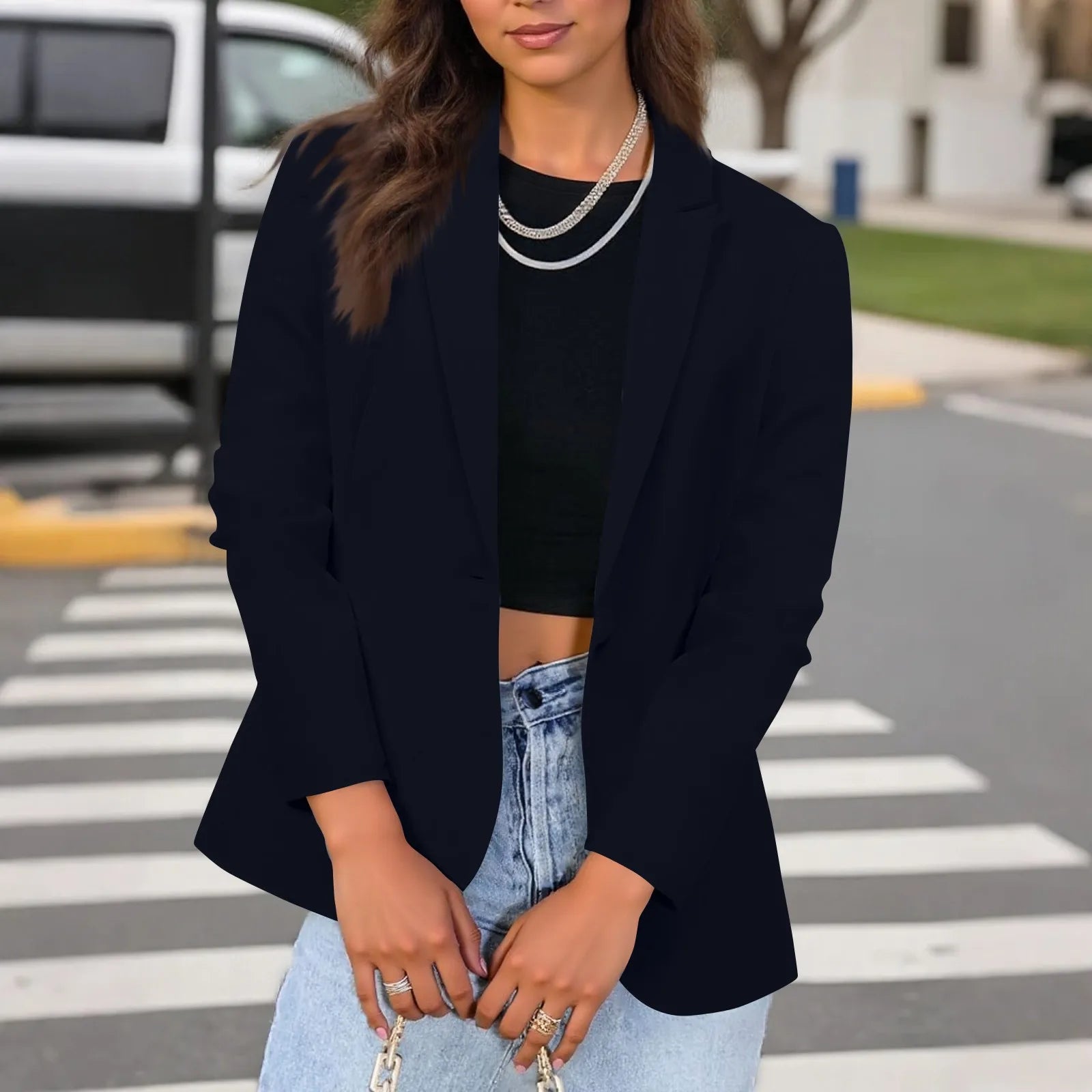 Casual Suit Jacket for Women Fashion Solid Color Long-sleeved Suit Collar Blazer Business Casual Single-button Cardigan Jacket