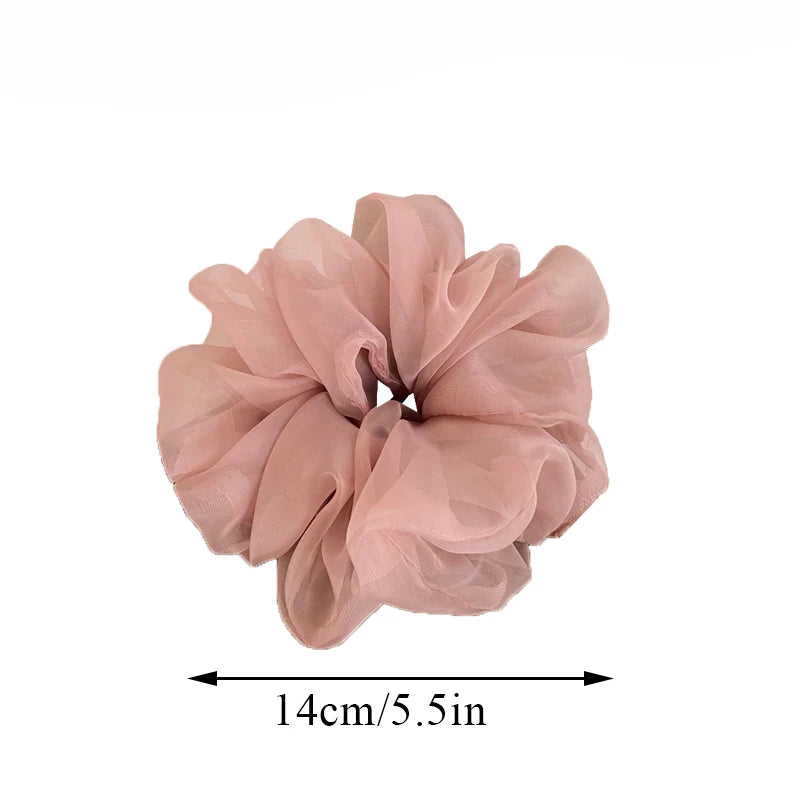 New Woman Large Solid Color Chiffon Scrunchies Elegant Women Mesh Rubber Band Black Beige Pink Ponytail Holders Hair Accessories