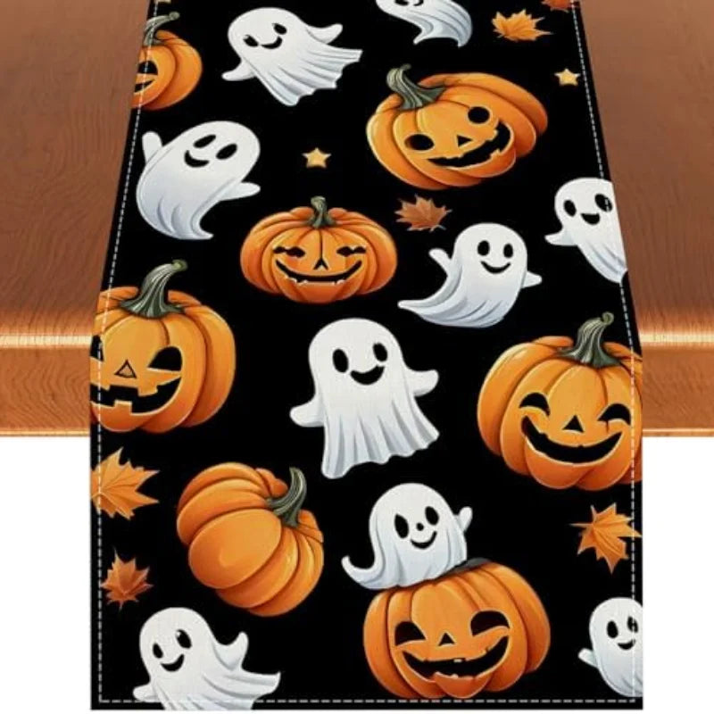 Halloween Polka Dot Ghost Pumpkin Cat Polyester Table Runners Party Decor Reusable Dining Table Runners Halloween Decoration