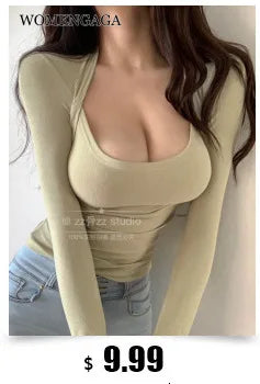 WOMENGAGA Korea Sexy V-neck High Waist Large Chest Tight Thin Knit Short Sleeve T-shirt Women's Hot Sexy Korean Women Tees 5INW