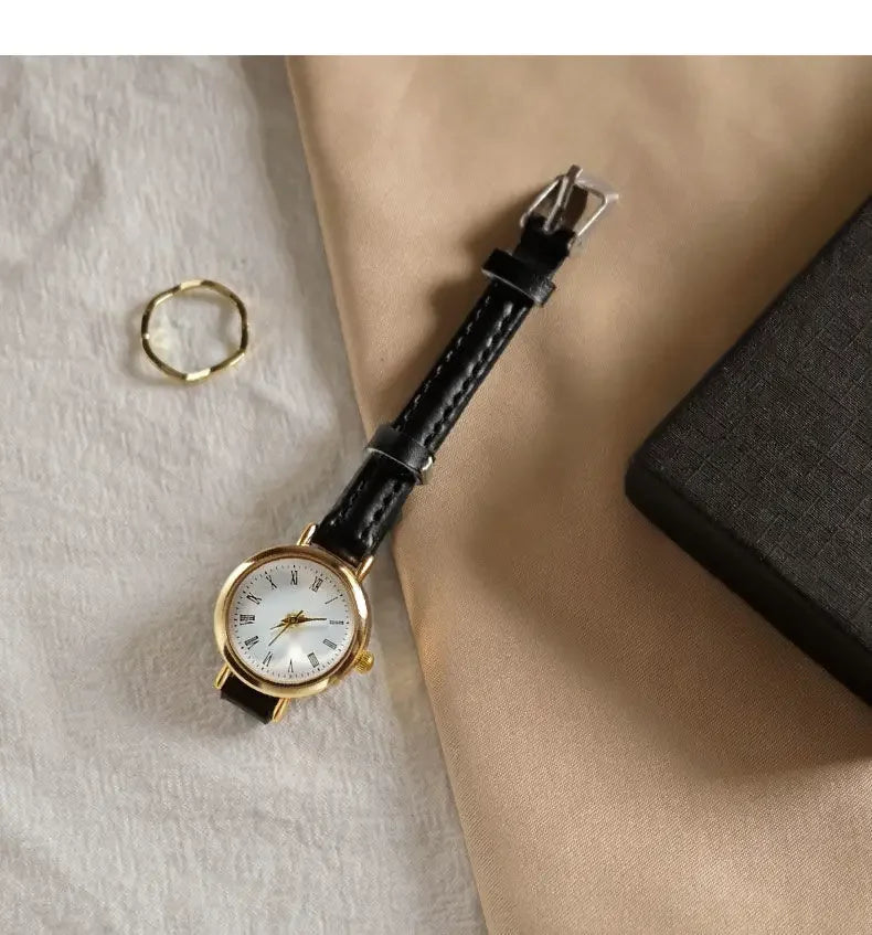 Women Brown White Small Round Watches Versatile Thin Strap Leather Band Ladies Quartz Watch Wristwatch Clock Reloj Mujer