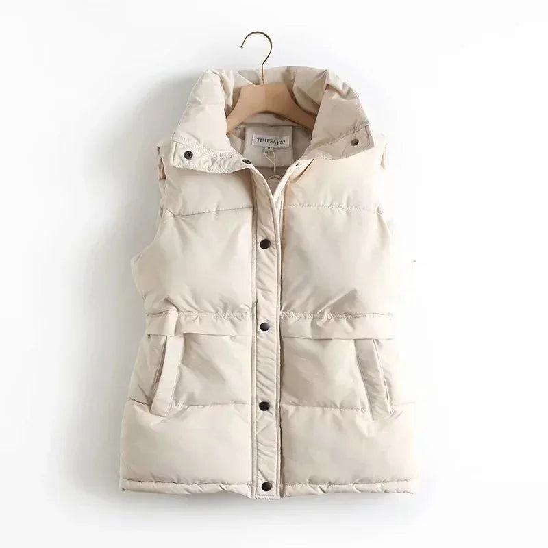 Winter Women Solid Loose Vest Fashion Drawstring Stand Collar Long Vest Jacket  Cotton Padded Women Windproof Warm Waistcoat