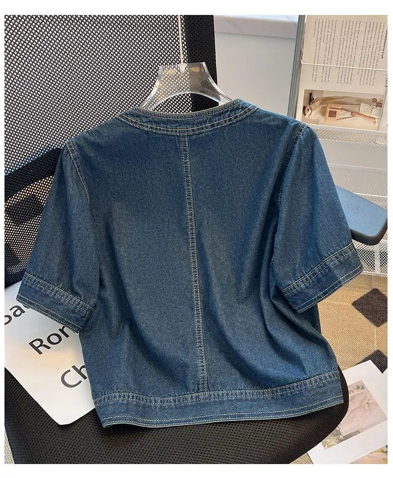 Streetwear Women's Denim Jackets Short Sleeve Summer Jean Jacket Outwear Ropa Mujer Fashion Retro Vintage Coat Cropped Tops