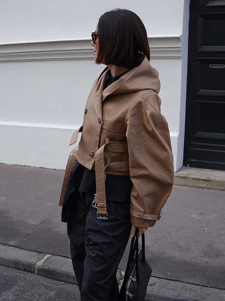 Women's Jacket Chic Double Belt Hooded Full Sleeve Button Female Female Jackets 2025 Autumn Fashion High Street Lady Outwears