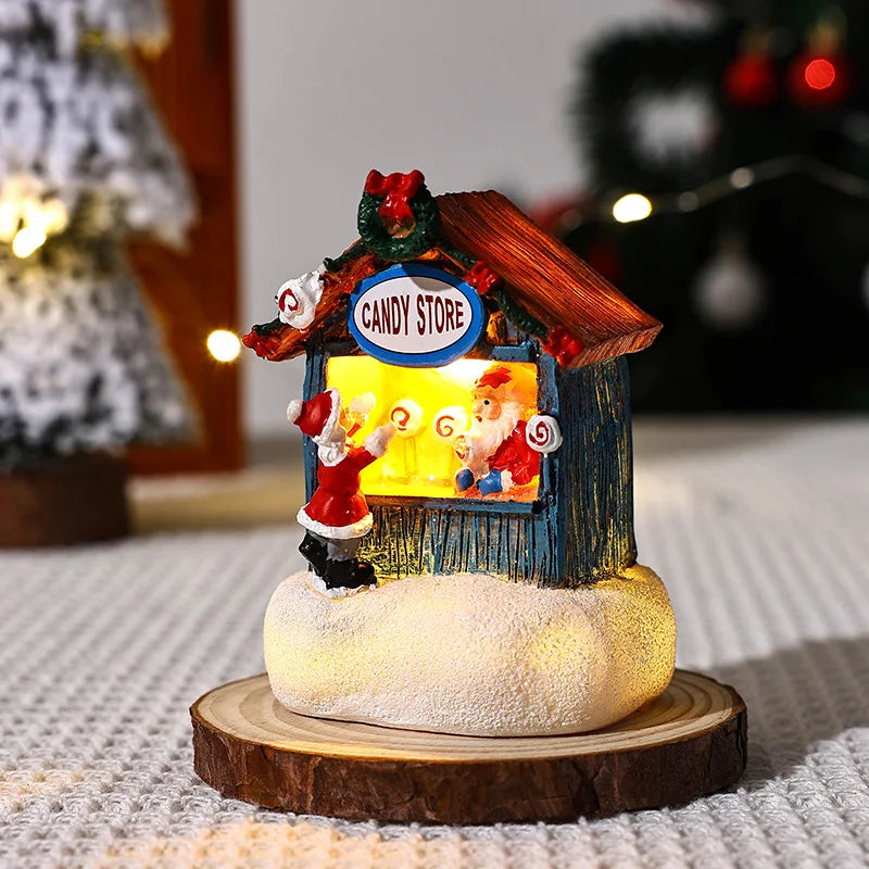 Christmas Decorations Resin Miniature LED Lights Small House Landscape Santa Claus Christmas Figurines Home Table Decor Items
