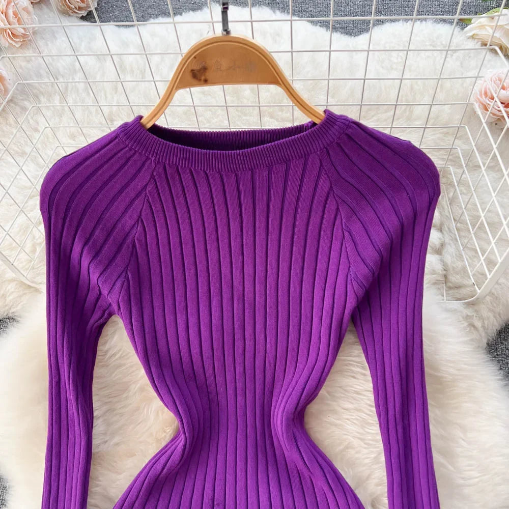 Women Knitted Dress O Neck Sexy Slim Elastic Oversized Basic Bodycon Long Dress Winter knit Warm Sweater Dresses