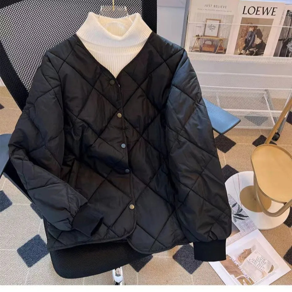 New in Winter Cotton-Padded Jacket for Women New Versatile Lightweight Rhombus Plaid Cotton-Padded Jacket Simple and Stylish