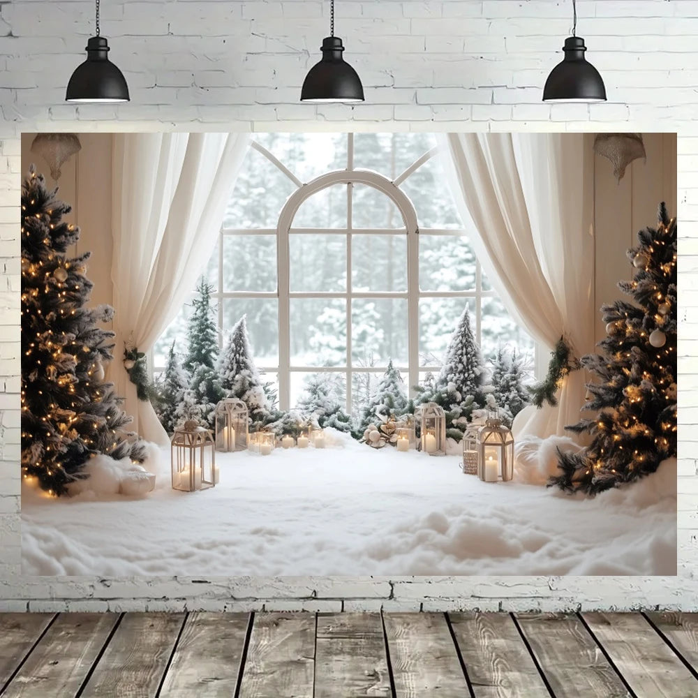 Christmas Decorations Backgrounds for Photographs White Curtain Window Xmas Tree Indoor Decor Family Portrait Photo Backdrops
