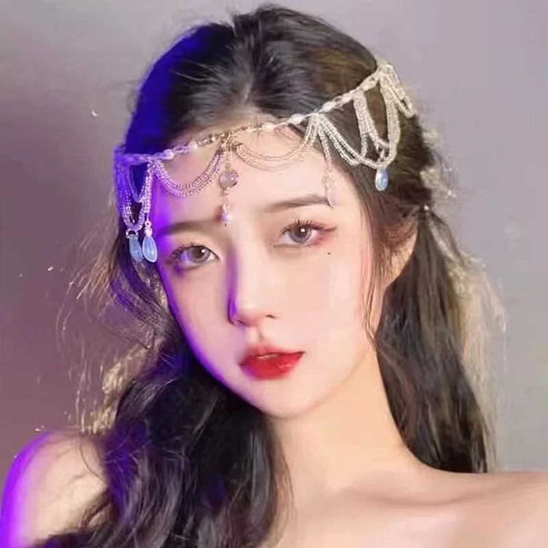 Luxury Jewelry Hair Accessories For Women Waterdrop Flower Tassel Forehead Chain Sexy Red Gemstone Hair Pendant Elegant Hairpin