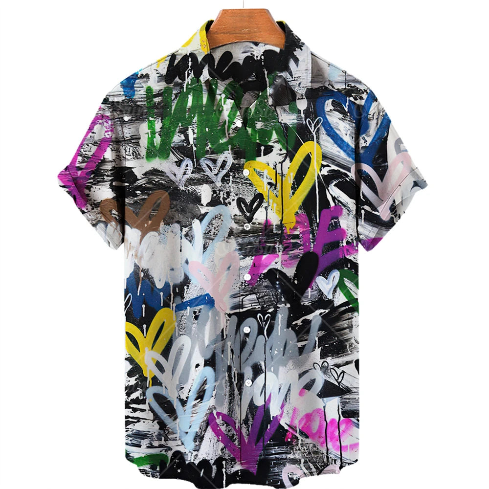 Hawaiian men's shirts, breathable, loose, with graffiti patterns of love, a popular trend in Europe and the United States cheap