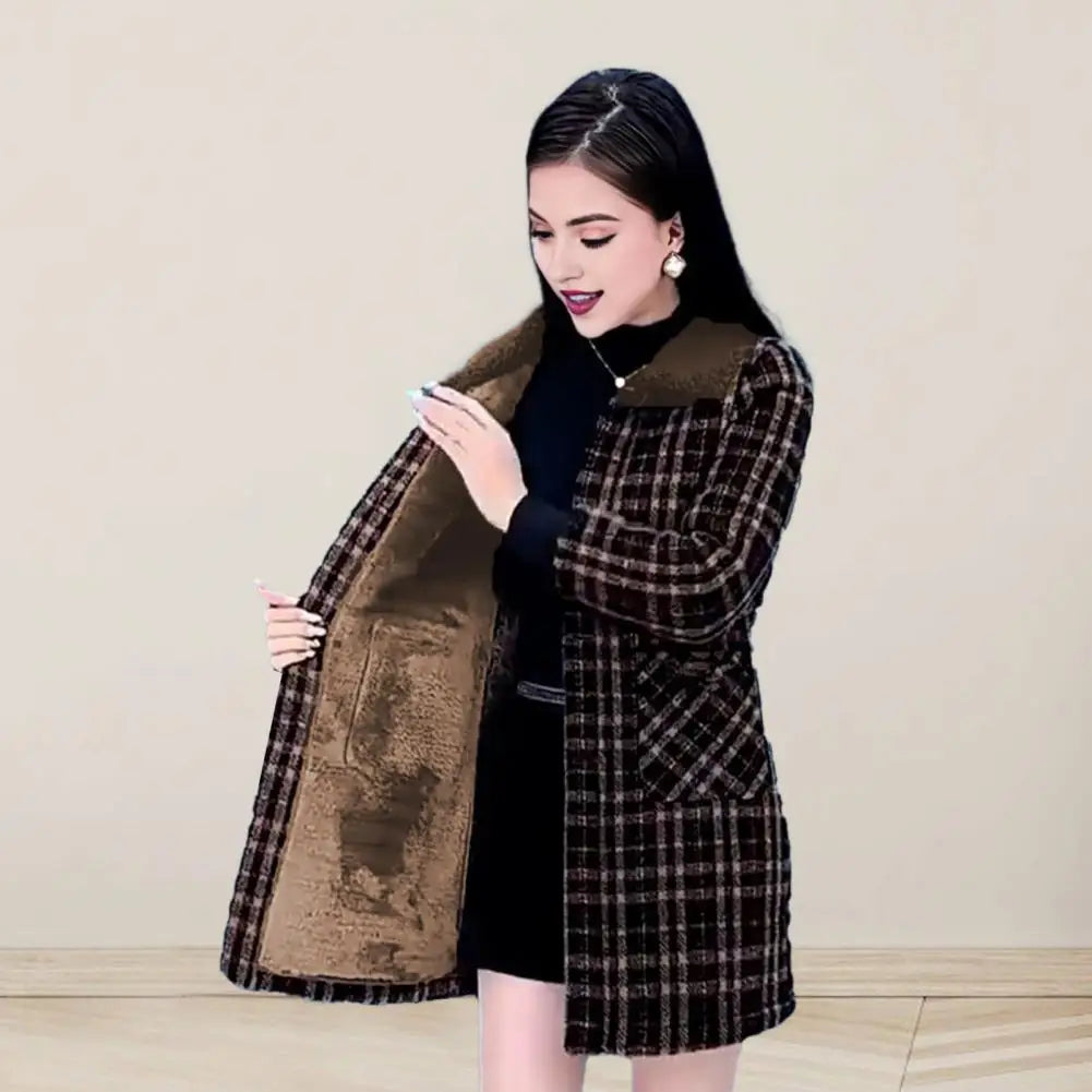 Women Plaid Coat Checkered Winter Mother Jacket Pockets Turn-down Collar Single-breasted Mid Length Overcoat Mid-aged Women Coat