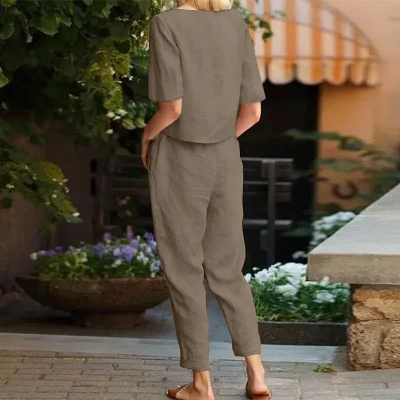 Women's Cotton Linen Suit Summer Matching Suit Half-sleeved Round Neck Tie Elastic Waist Trousers Wide-leg Pants Retro Suit