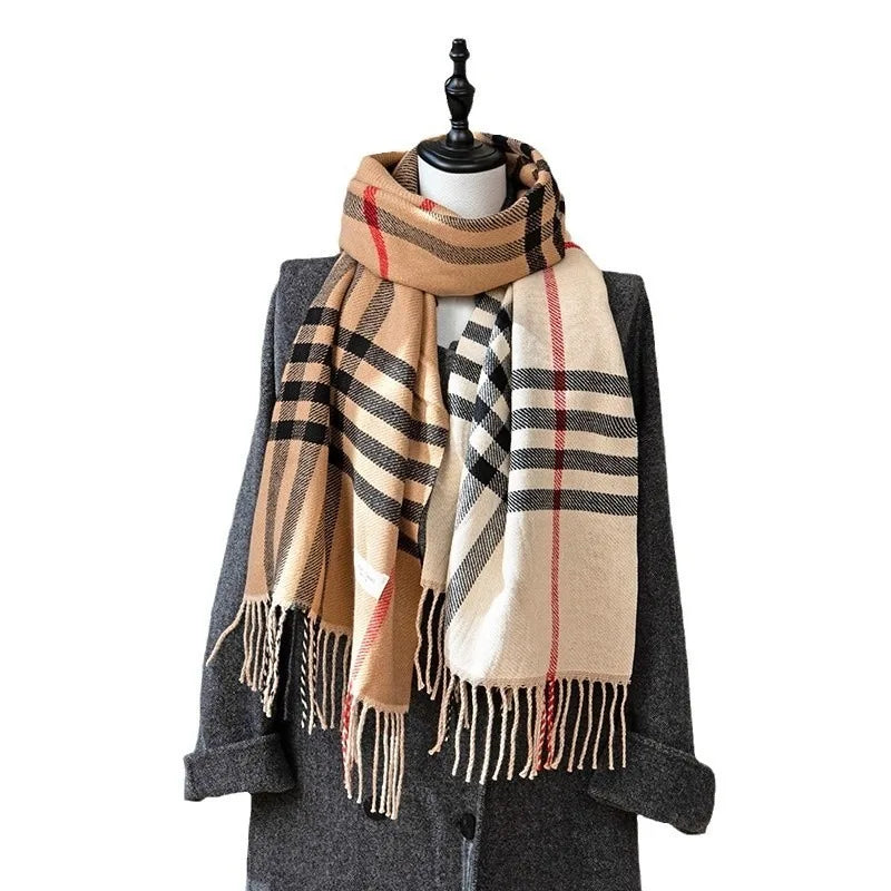 Autumn and Winter New Arrival Tassel Long Scarf Striped Fashion Cowl Neck Warm Fuzzy Color Block Wrap