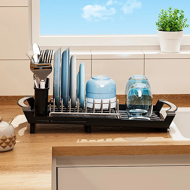 Kitchen Dish Storage Rack Retractable Dish Rack Kitchen Organizer Rack Countertop for Dishes and Chopsticks Drain Basket