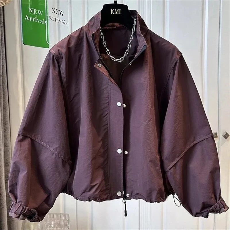 Women's Short Jacket 2025 Spring Autumn Stand-up Collar Korean Version Lady Outerwear Fashion Elegant Ladies Windbreaker Coat