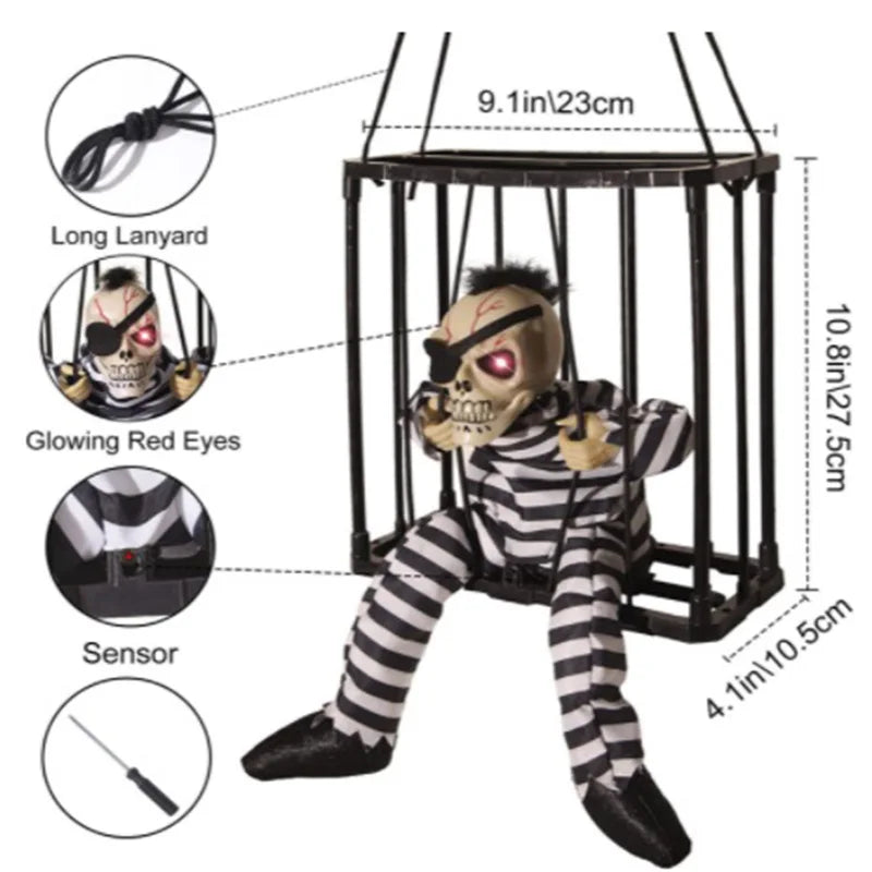 Halloween Decoration Prisoner Ghost In Cage Scary Skull Prop Electric Skeleton Toy Glowing Eye Sound Doll Hangable Talking Ghost